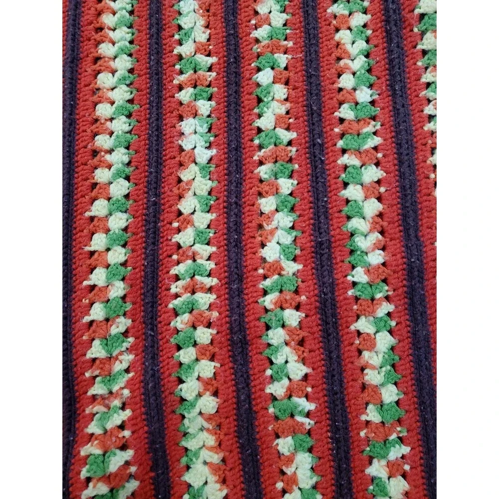 Vintage‎ Afghan 70s Throw Blanket Scalloped Red Yellow Brown Green Stripe 59x50